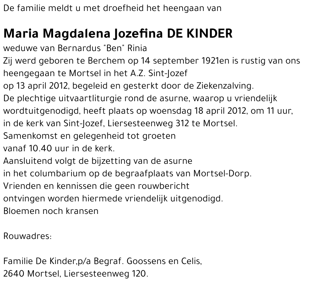 Maria Magdalena Jozefina De Kinder