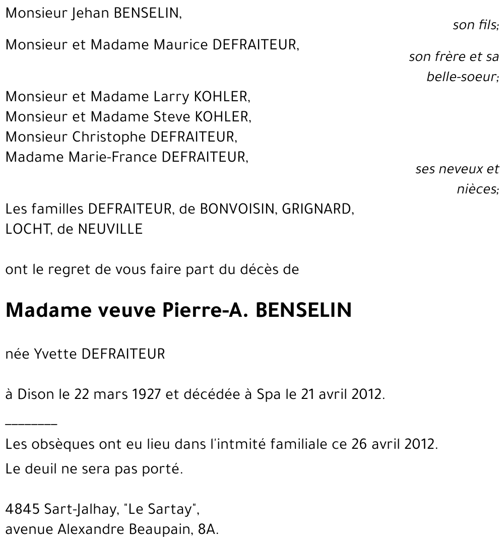 veuve Pierre-A. BENSELIN