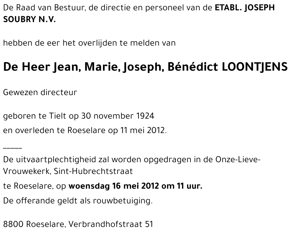 Jean, Marie, Joseph, Bénédict LOONTJENS