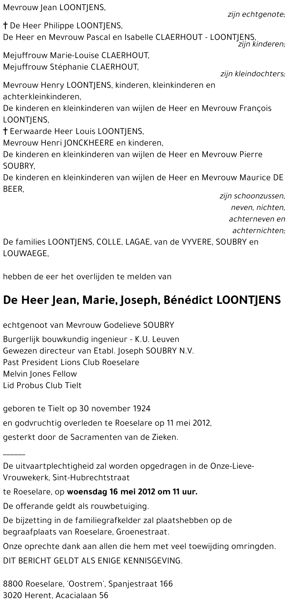 Jean, Marie, Joseph, Bénédict LOONTJENS