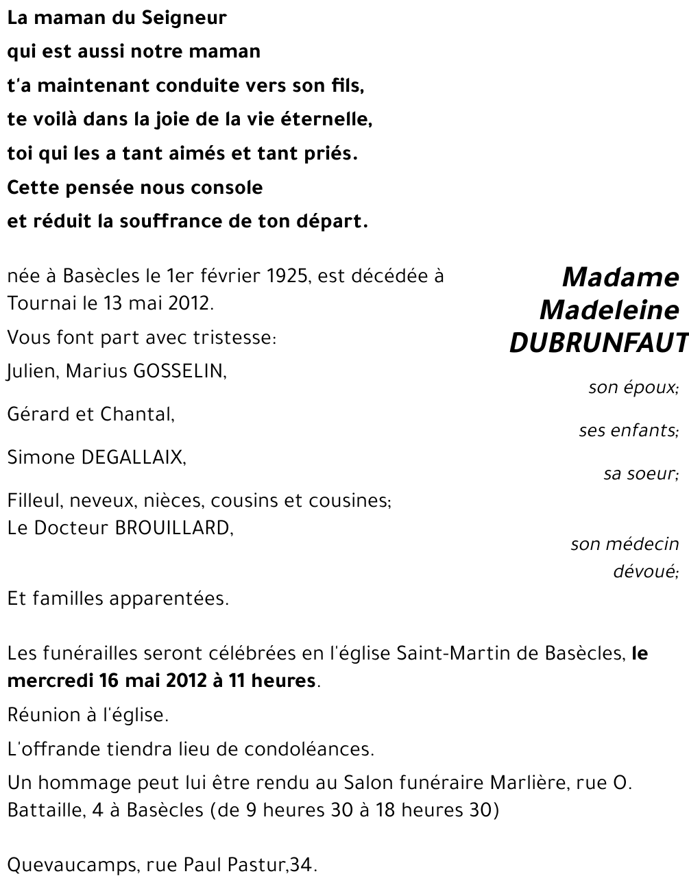 Madeleine DUBRUNFAUT