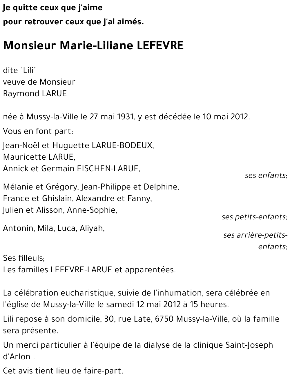 Marie-Liliane LEFEVRE « dite Lili »