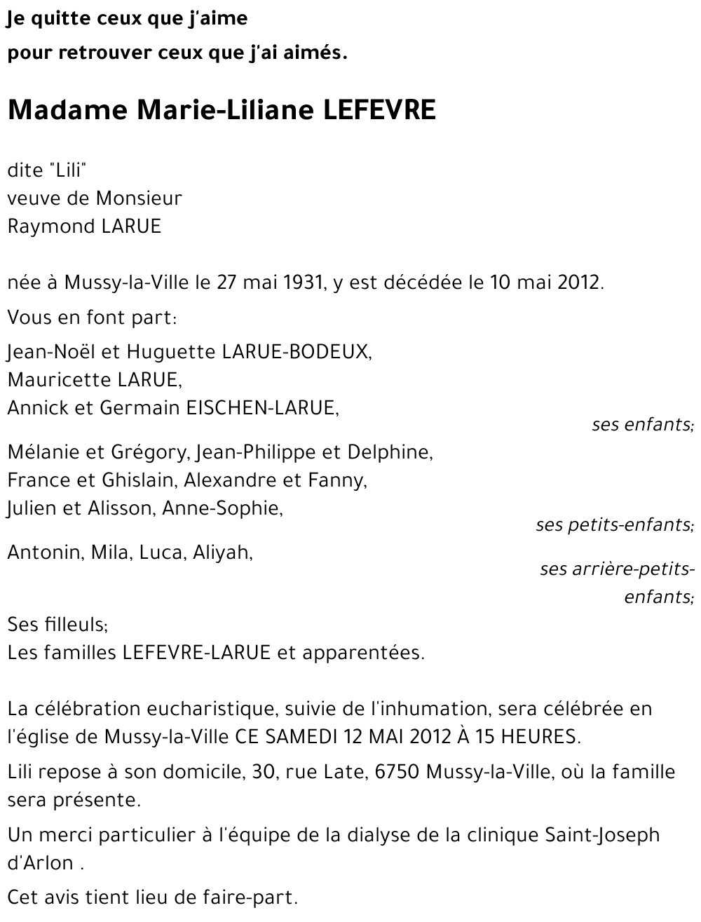 Marie-Liliane LEFEVRE « dite Lili »