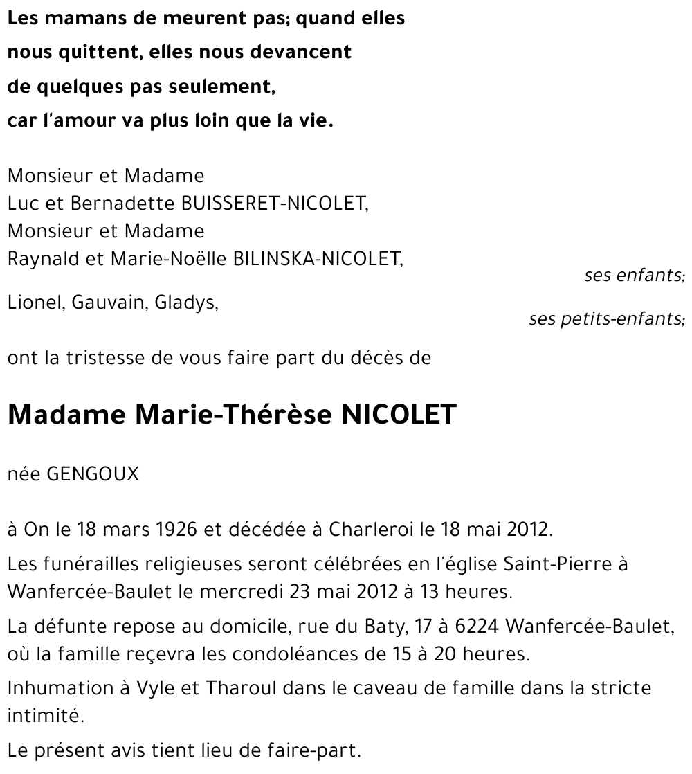Marie-Thérèse NICOLET, née GENGOUX