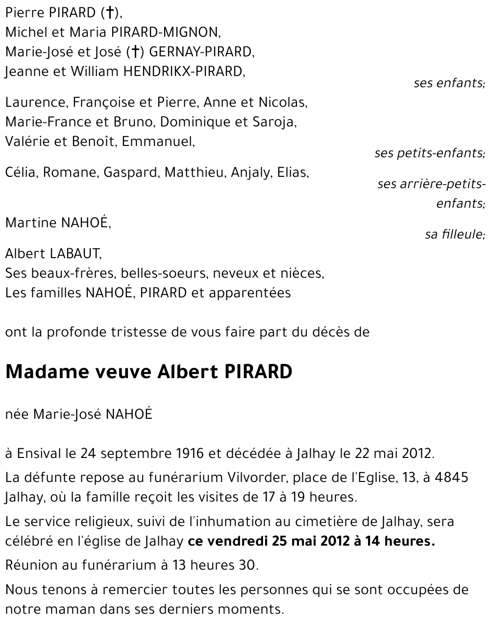 veuve Albert PIRARD