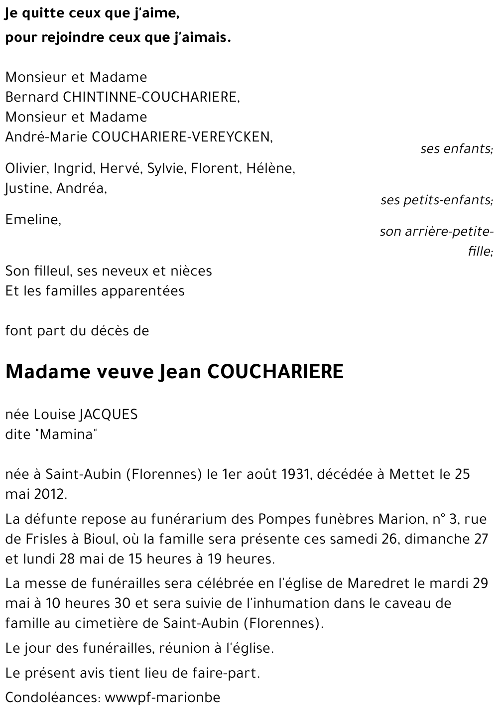 veuve Jean COUCHARIERE