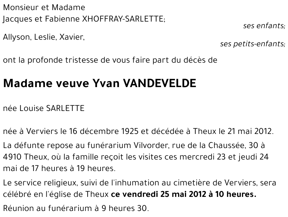 veuve Yvan VANDEVELDE née Louise SARLETTE