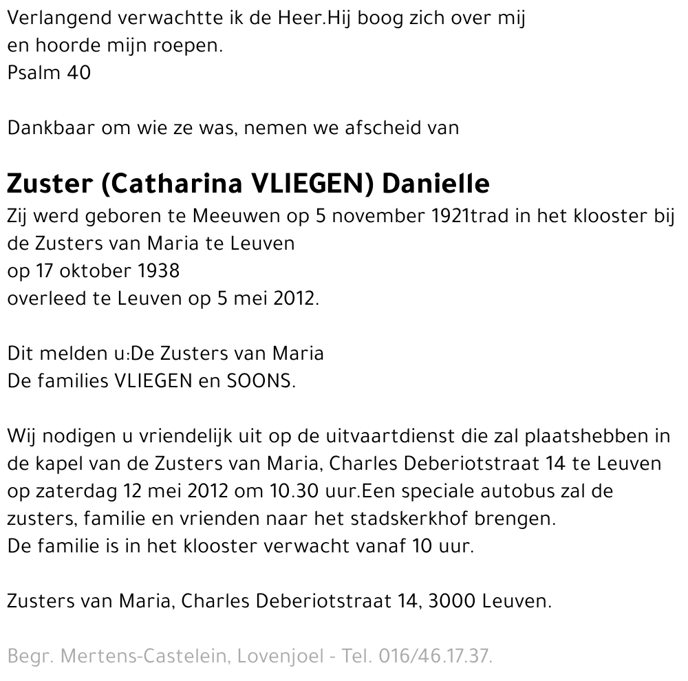 Zuster Danielle Catharina Vliegen