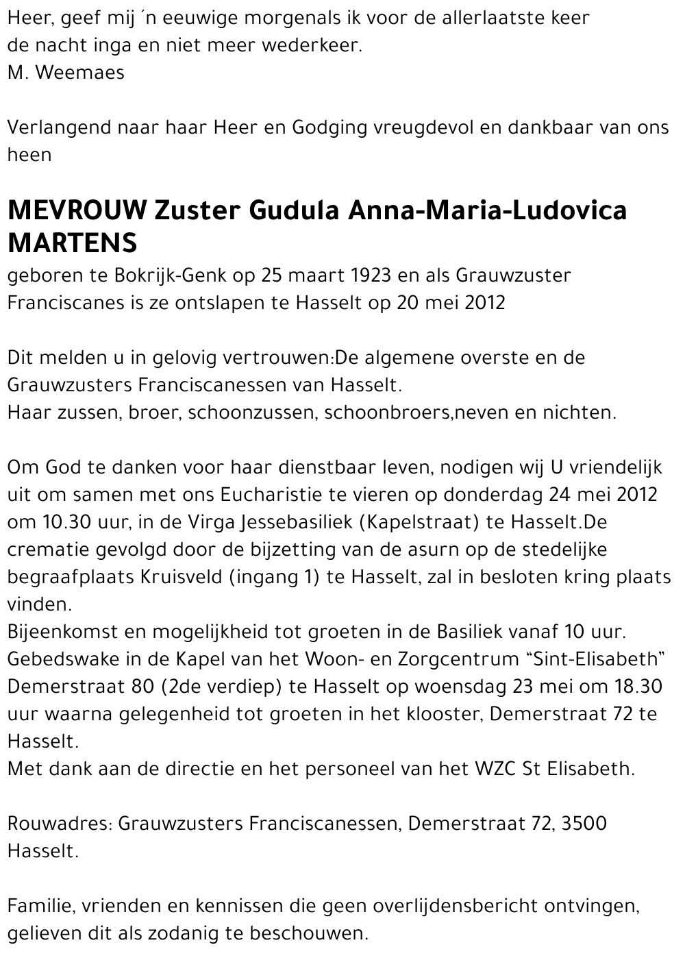 Zuster Gudula Anna-Maria-Ludovica Martens