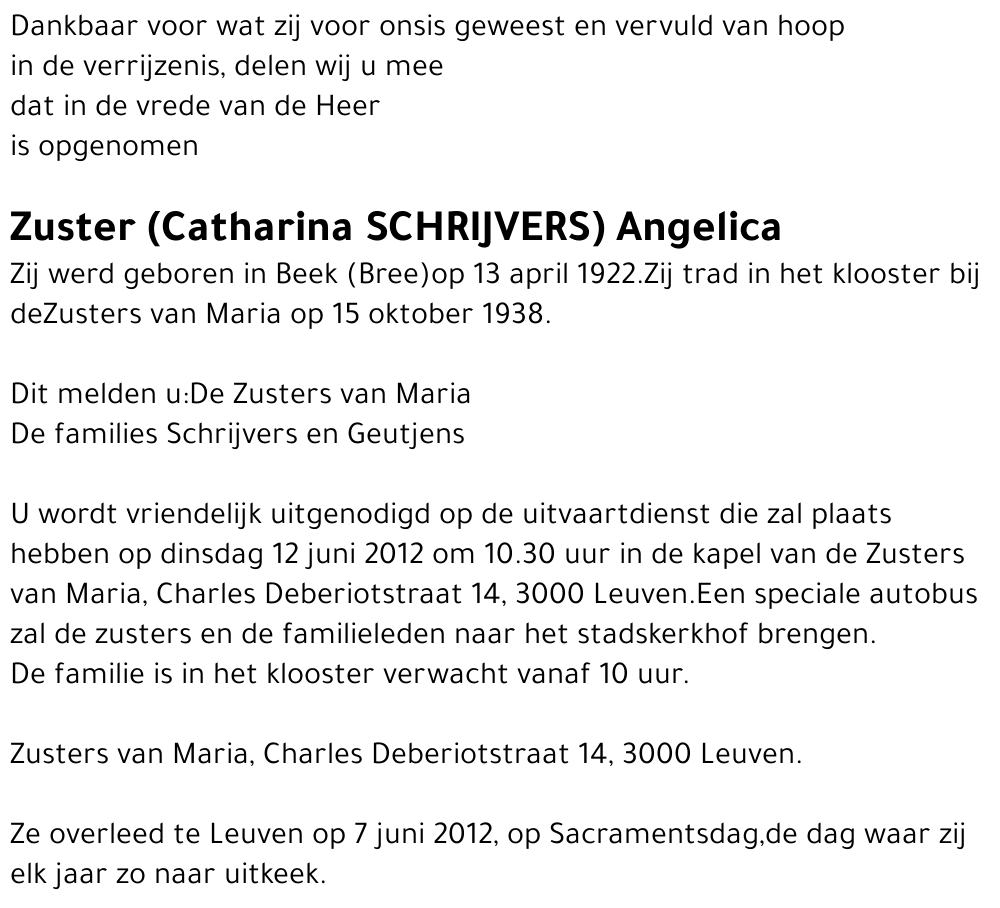 Zuster Angelica Catharina Schrijvers