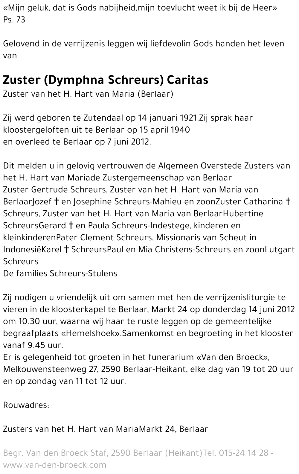 Zuster Caritas Schreurs Dymphna