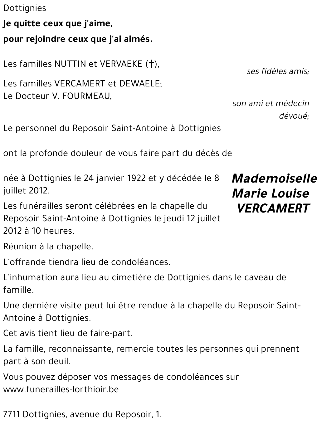 Marie Louise VERCAMERT