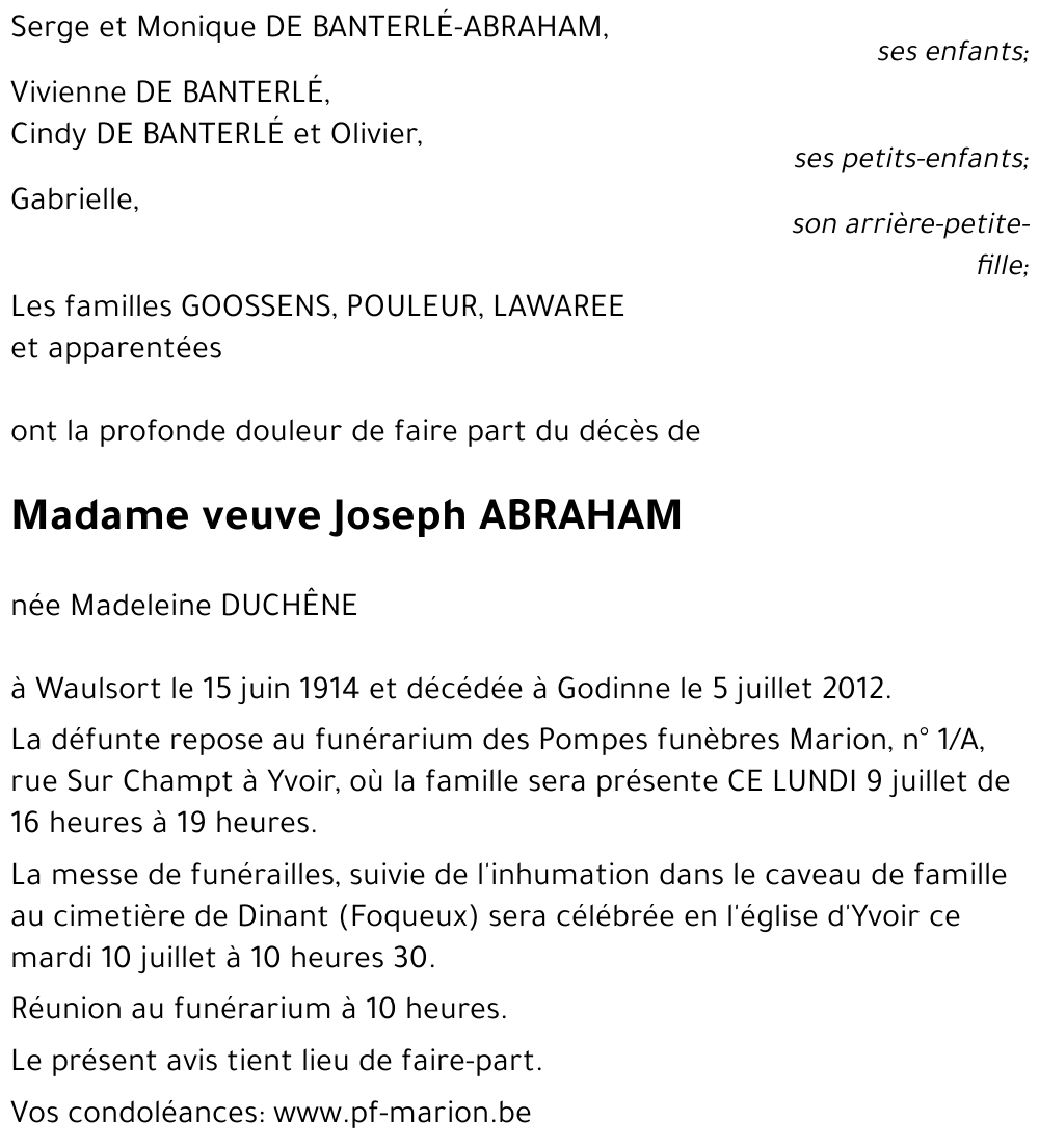 veuve Joseph ABRAHAM