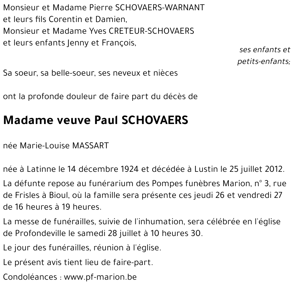 veuve Paul SCHOVAERS