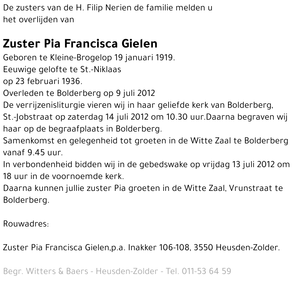 Zuster Pia Francisca Gielen