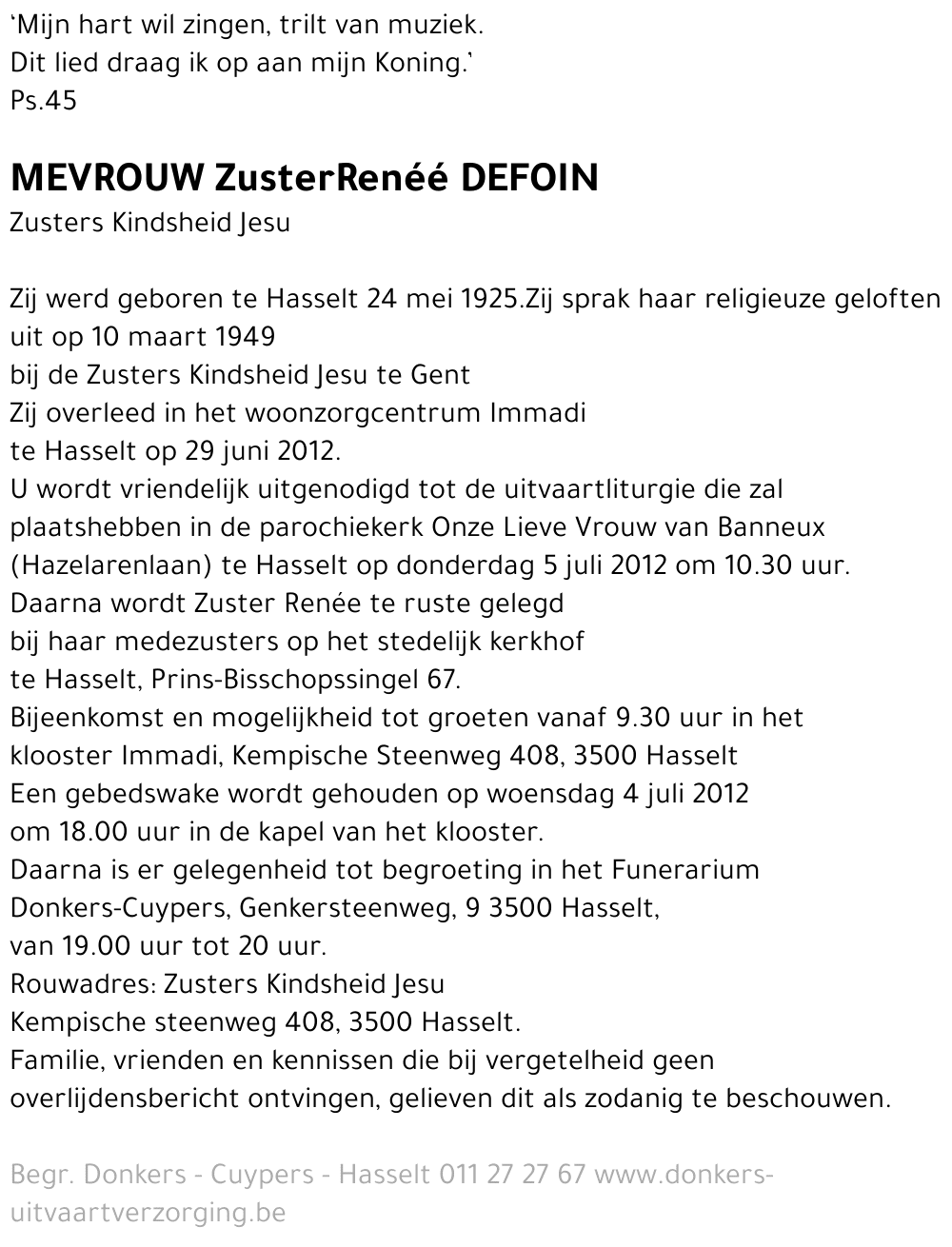 Zuster Renéé DEFOIN
