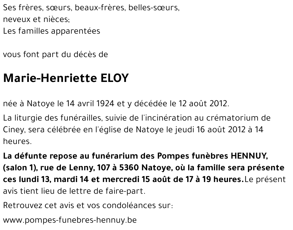 Marie-henriette ELOY