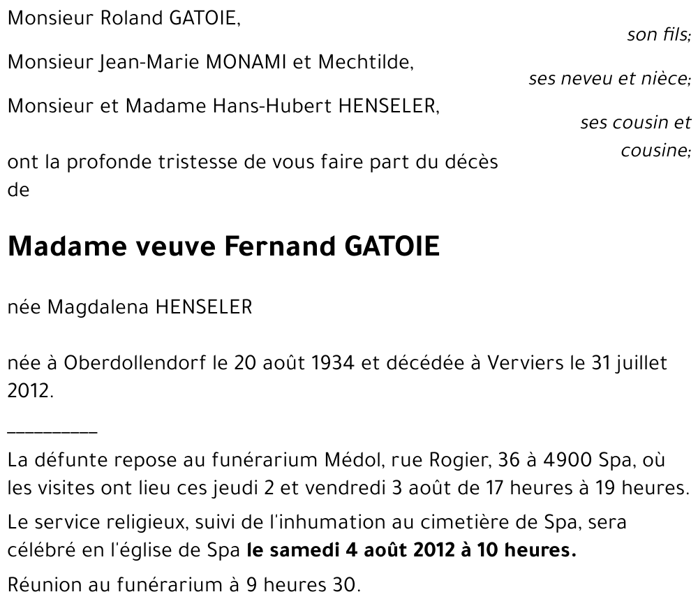 veuve Fernand GATOIE