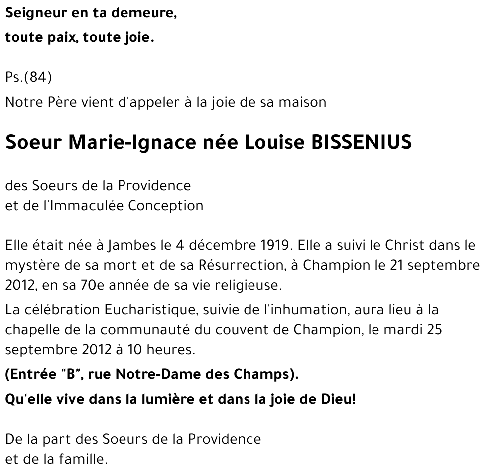 Marie-Ignace (Louise) BISSENIUS