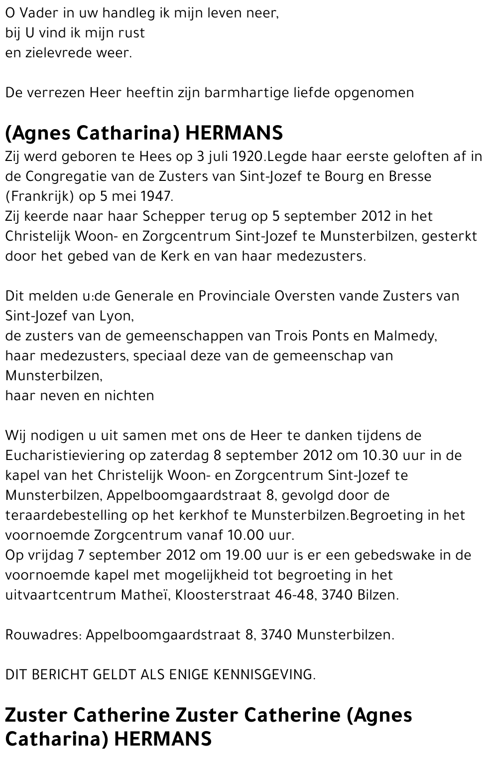 Zuster Catherine HERMANS