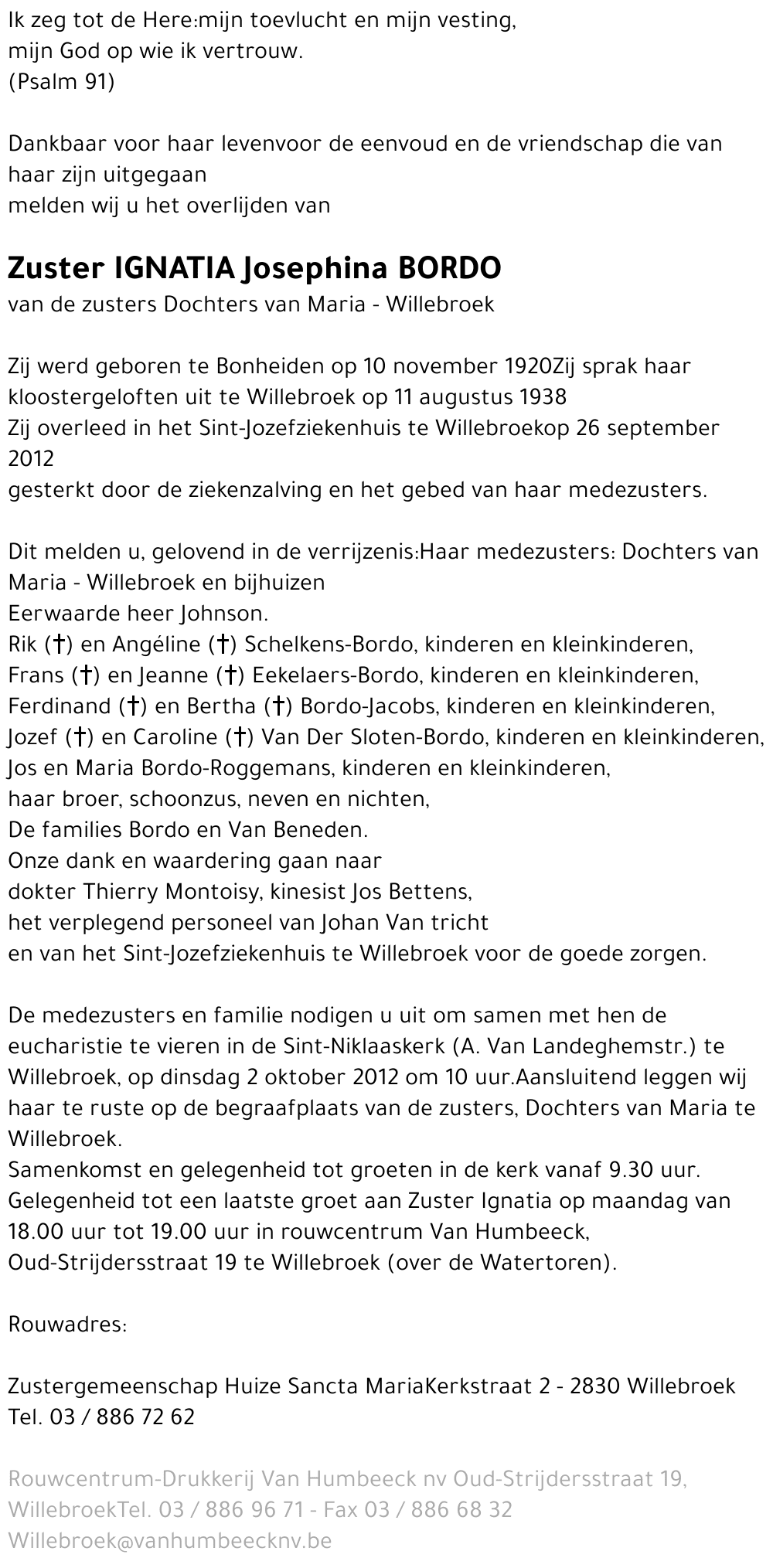 Zuster Ignatia Josephina BORDO