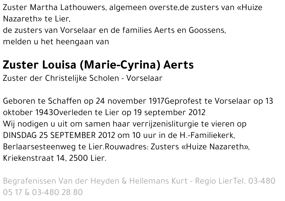 Zuster Louisa Marie-Cyrina Aerts