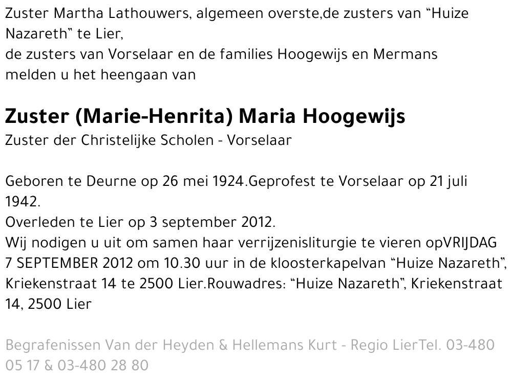 Zuster Maria HOOGEWIJS