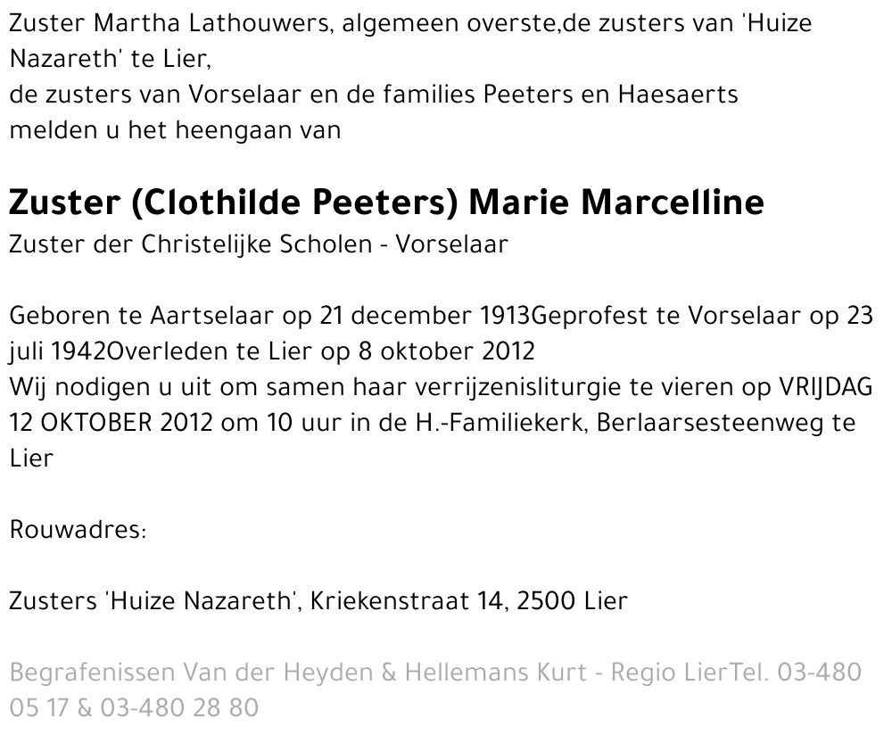 Zuster Marie Marcelline Clothilde Peeters