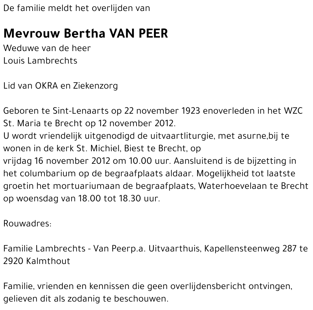 Bertha Anna Cornelia Van Peer