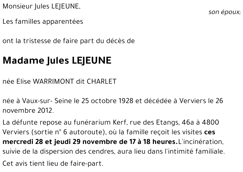 Elise WARRIMONT dit CHARLET