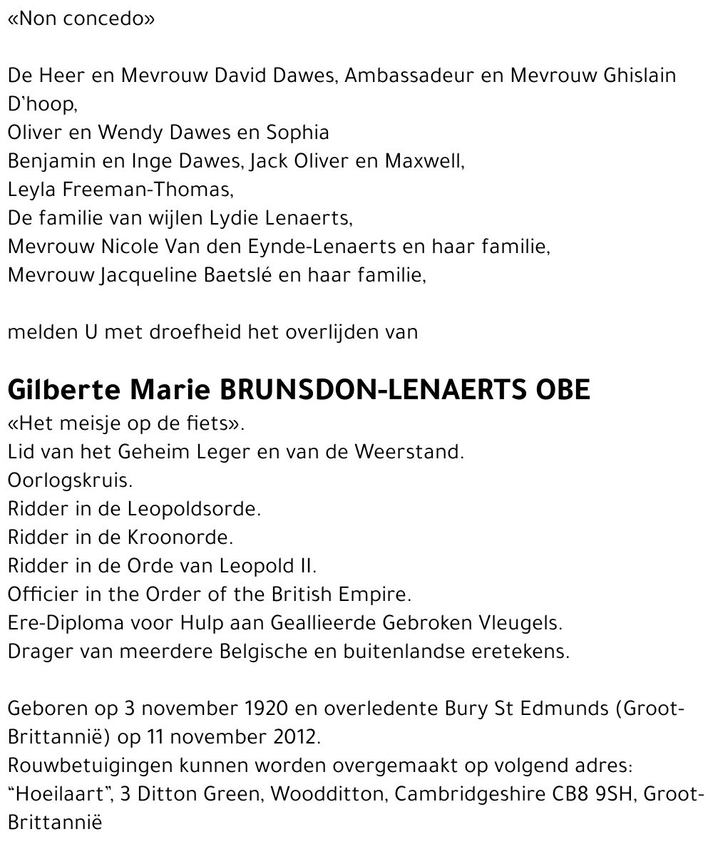 Gilberte Marie Brunsdon-Lenaerts OBE