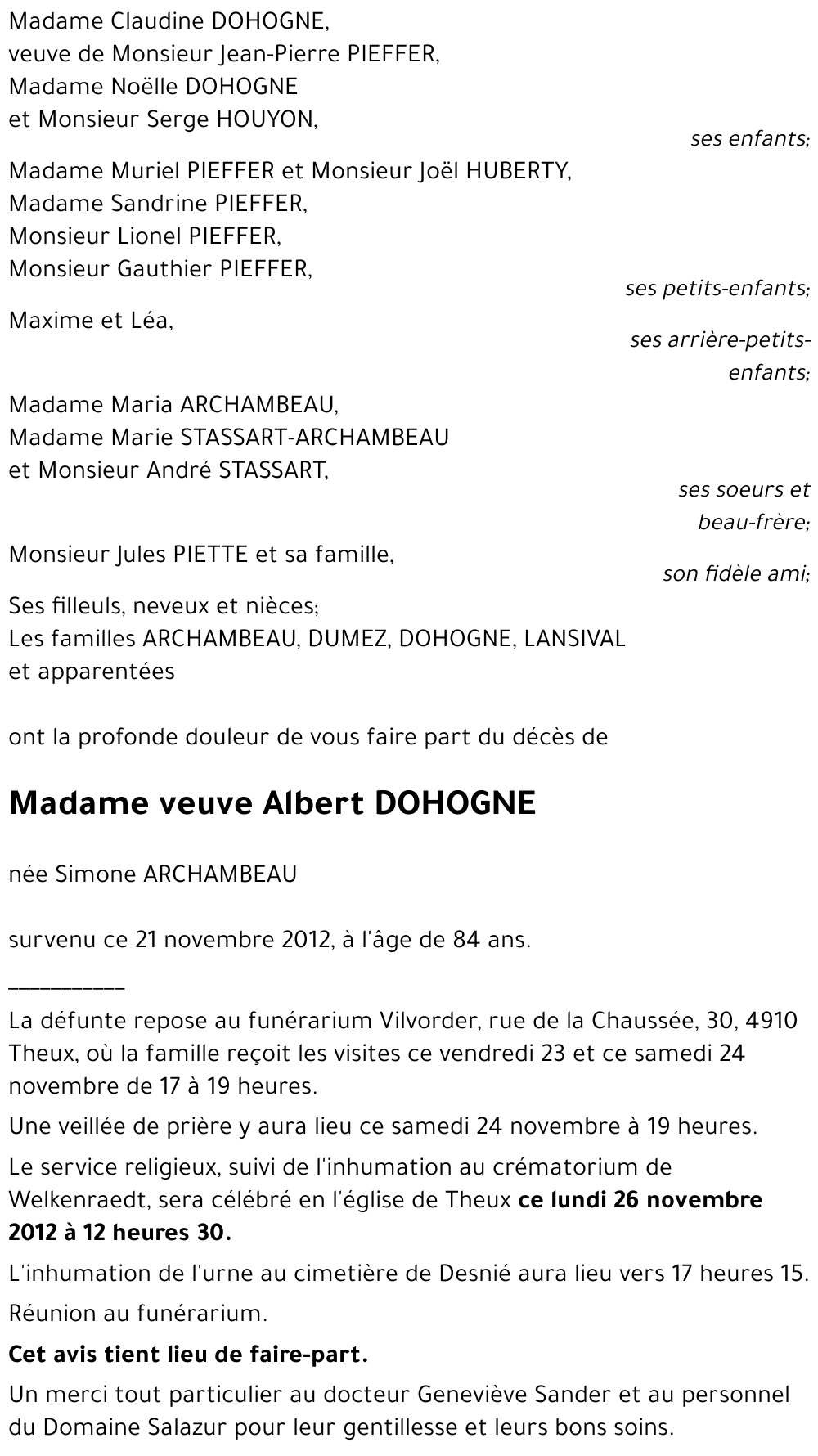 veuve Albert DOHOGNE