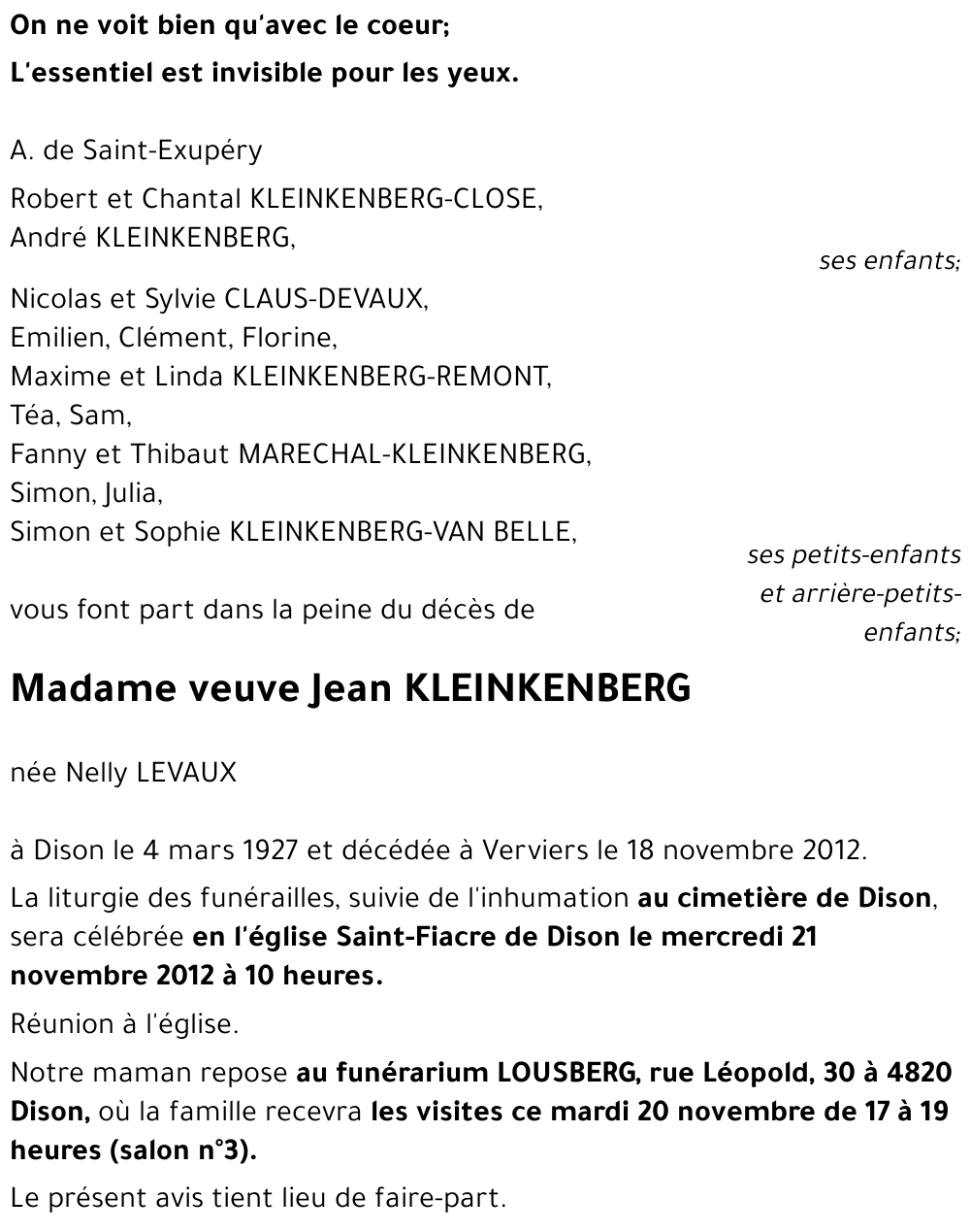 veuve Jean KLEINKENBERG