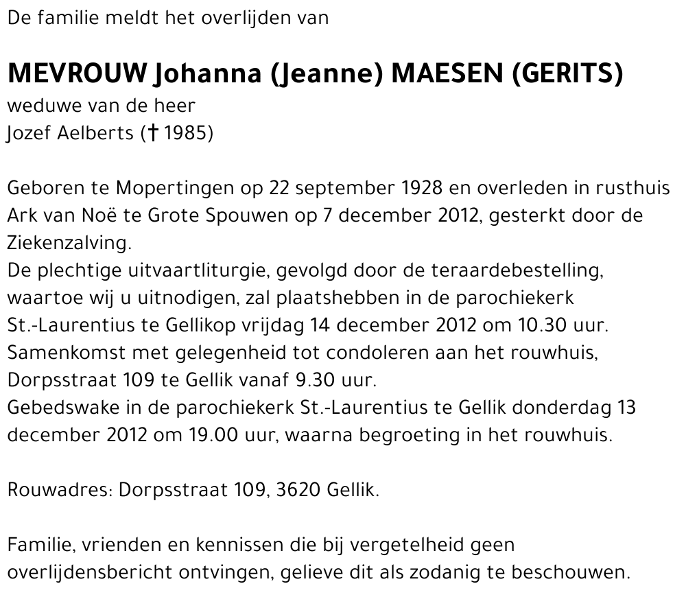 Johanna (Jeanne) Maesen (Gerits)