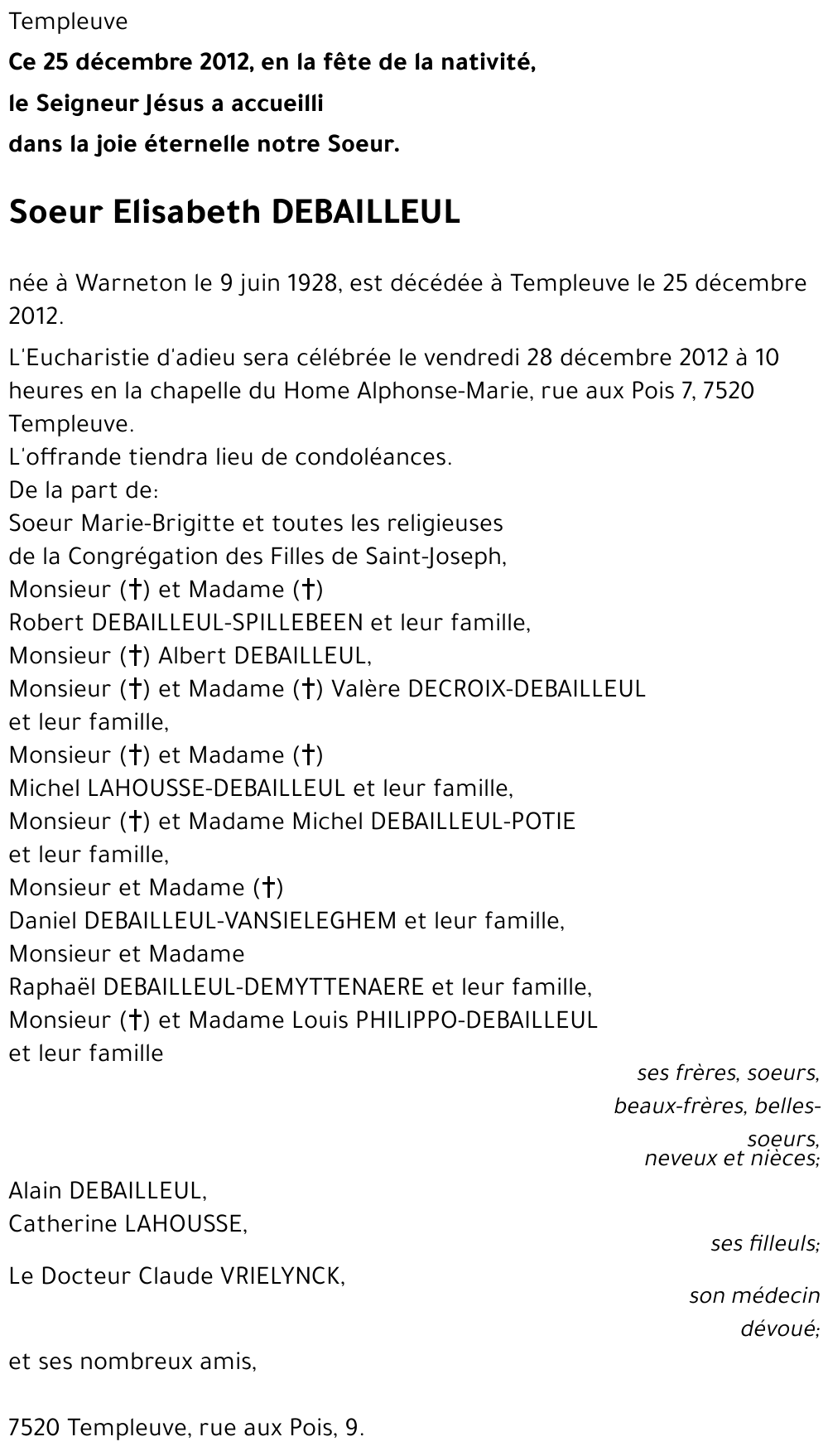 Soeur Elisabeth DEBAILLEUL