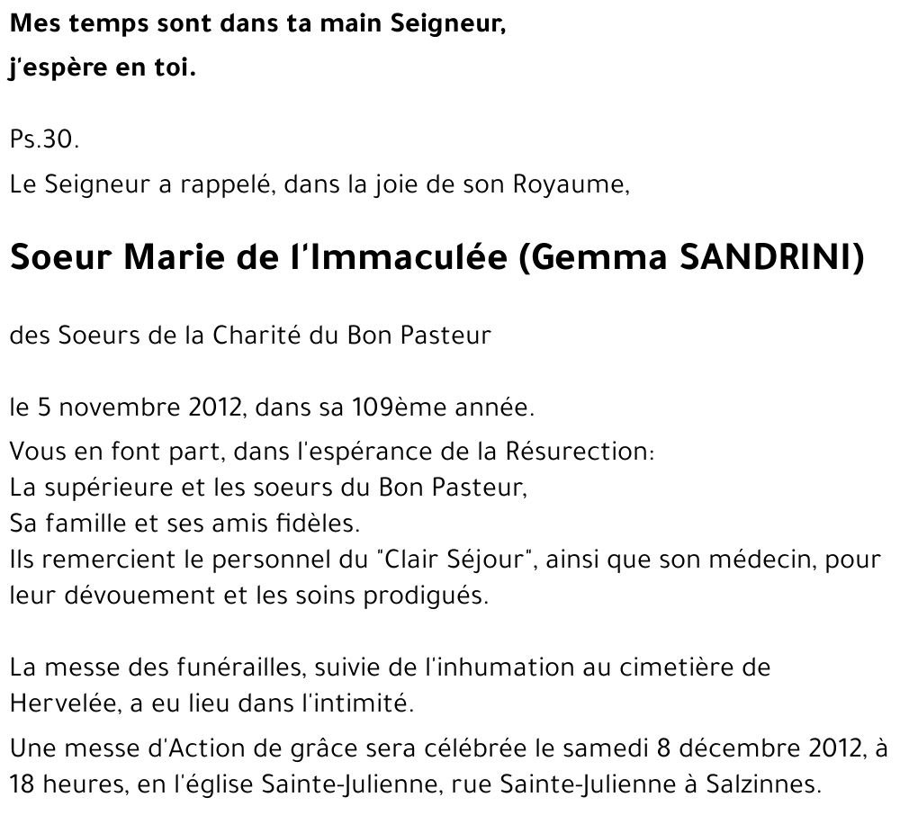 Soeur Marie de l'Immaculée Gemma SANDRINI