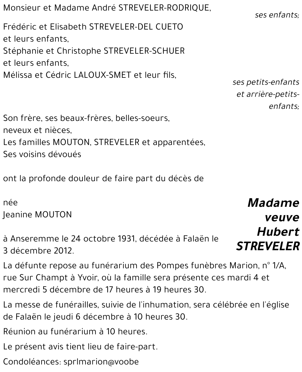 veuve Hubert STREVELER