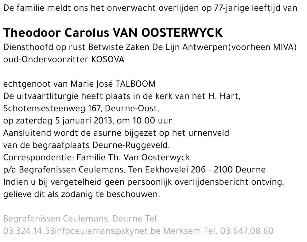 Theodoor Carolus VAN OOSTERWYCK