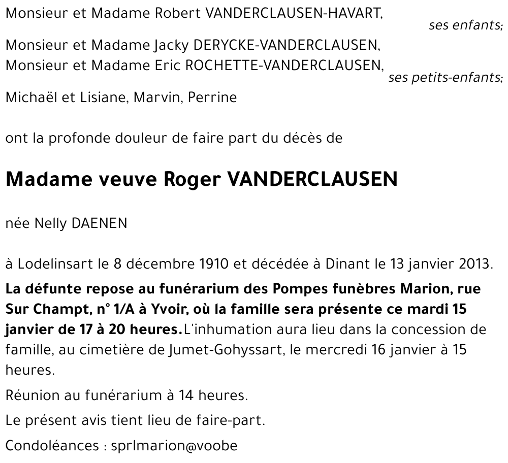 veuve Roger VANDERCLAUSEN