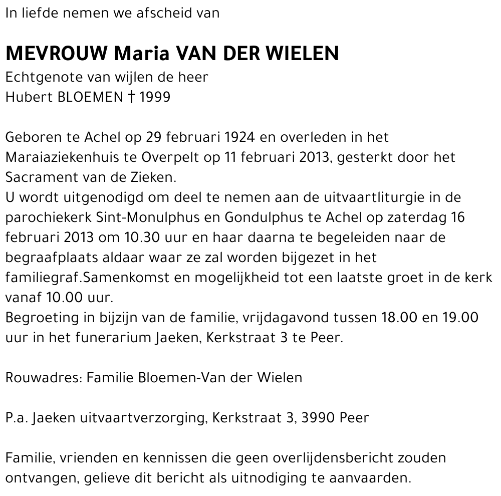 Maria VAN der WIELEN