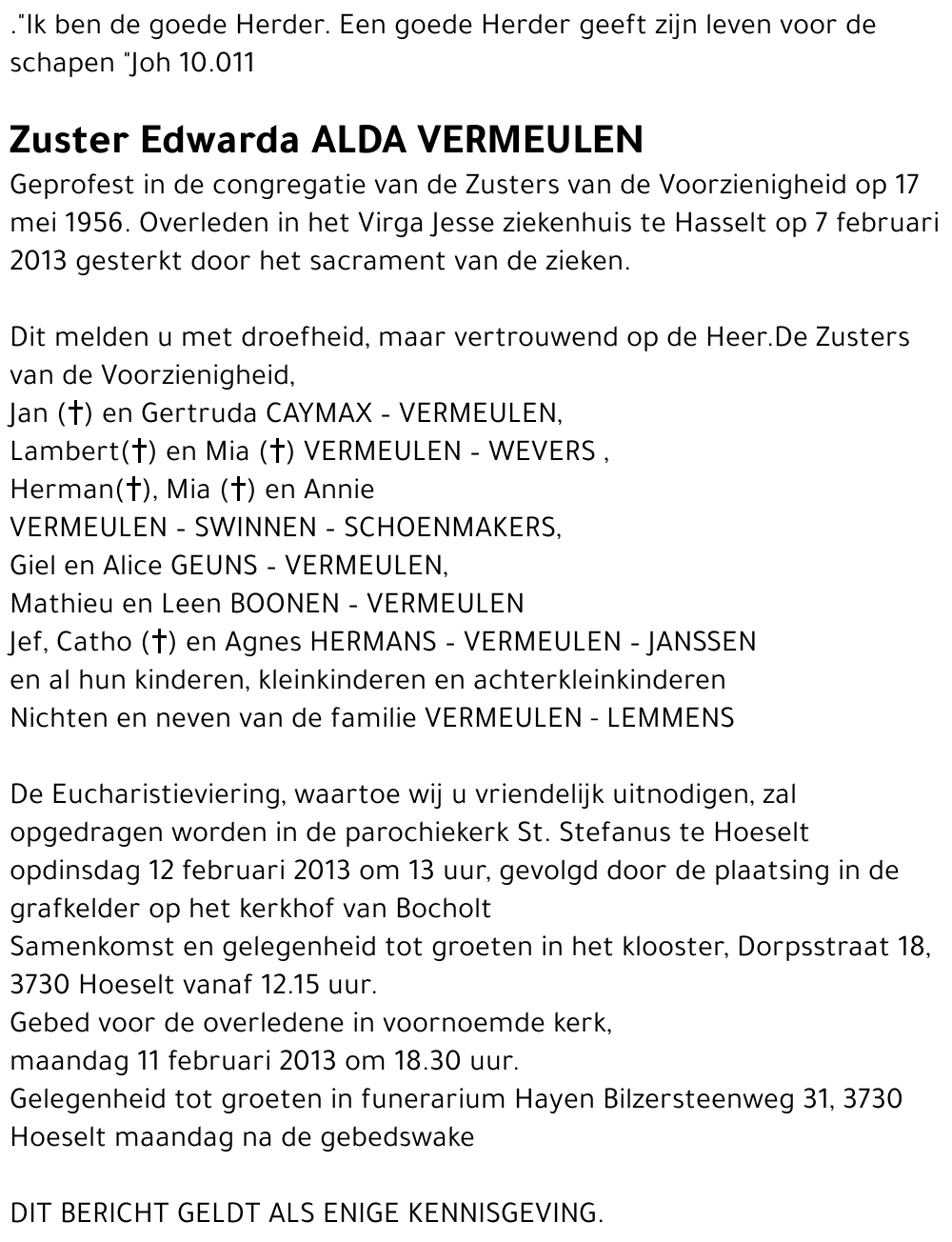 Zuster Edwarda Alda VERMEULEN