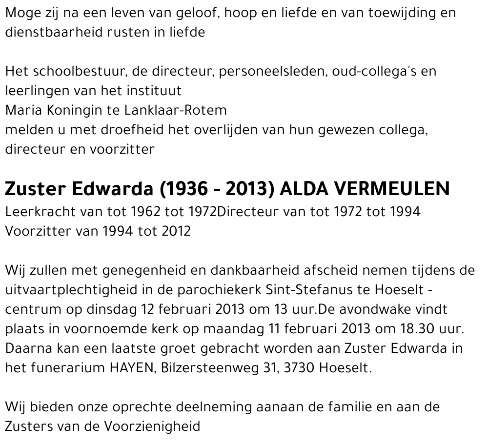 Zuster Edwarda Alda VERMEULEN