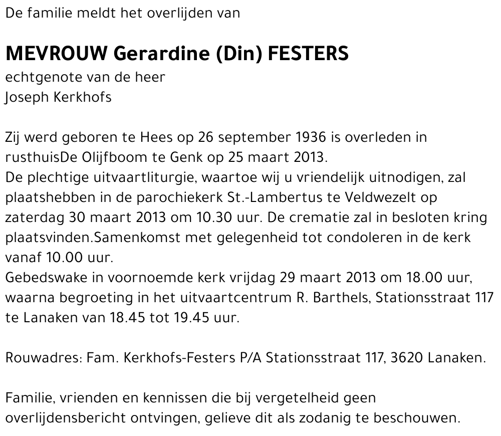 Gerardine (Din) Festers