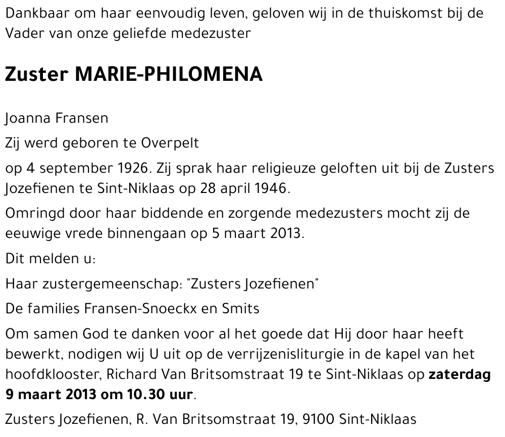 Marie-Philomena JOANNA FRANSEN