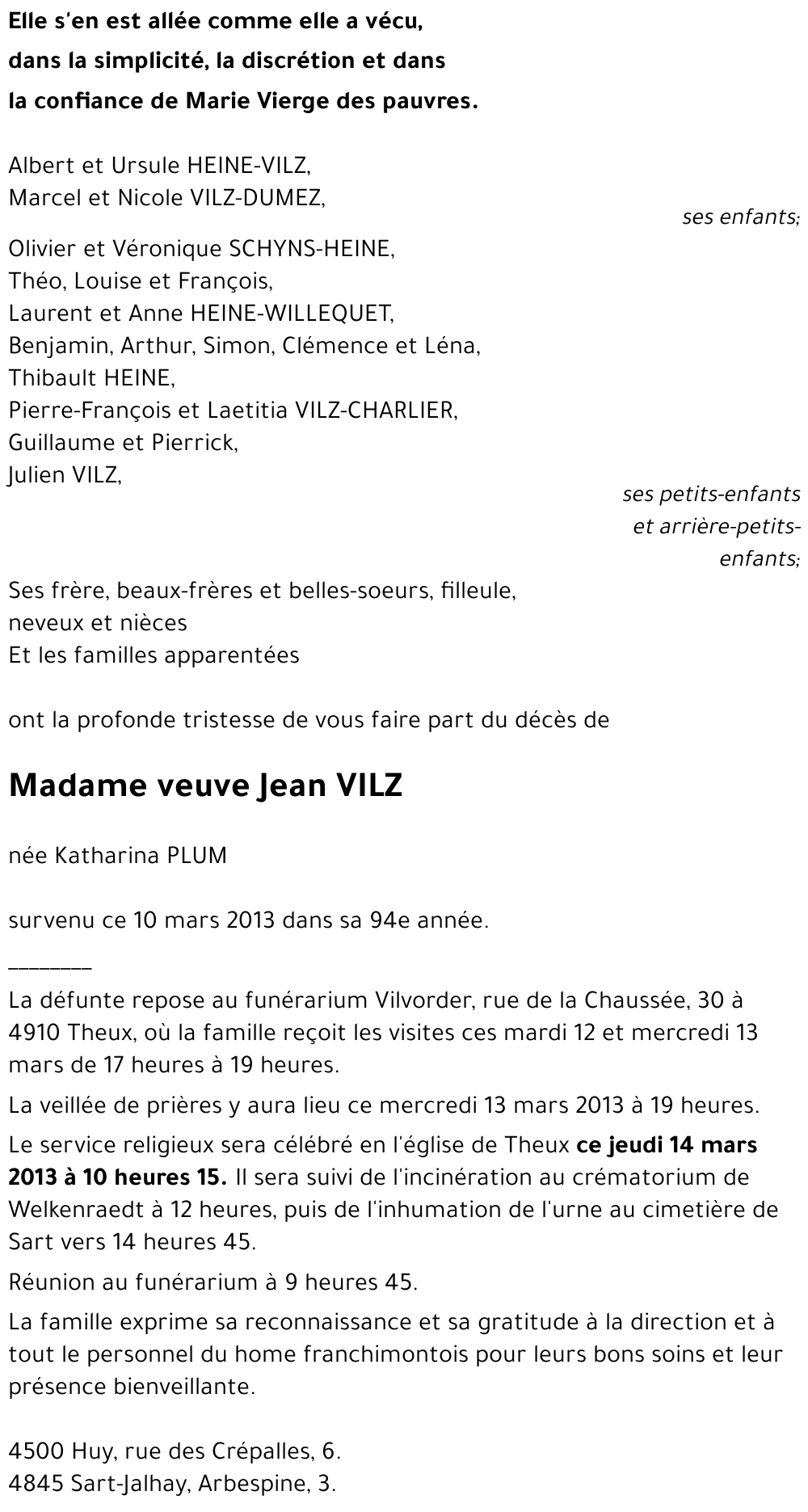 veuve Jean VILZ