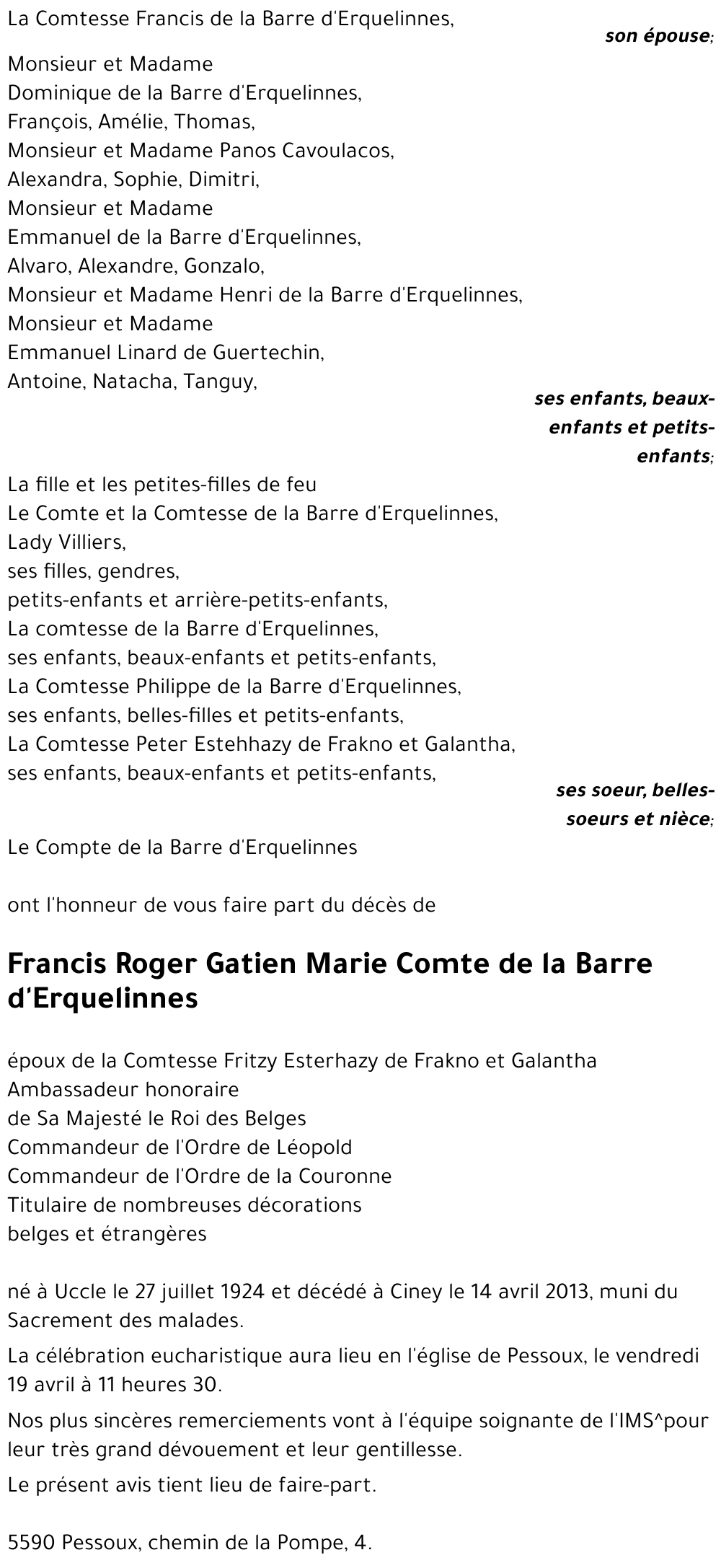 Francis Roger Gatien Marie Comte de la Barre d'Erquelinnes