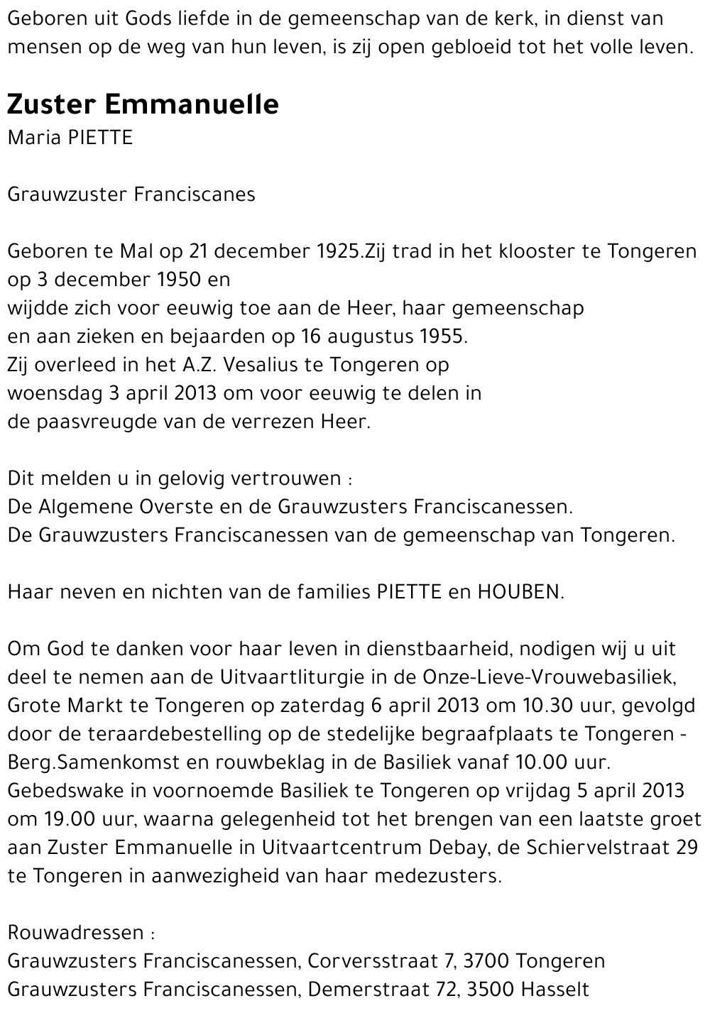 Zuster Emanuelle Maria PIETTE