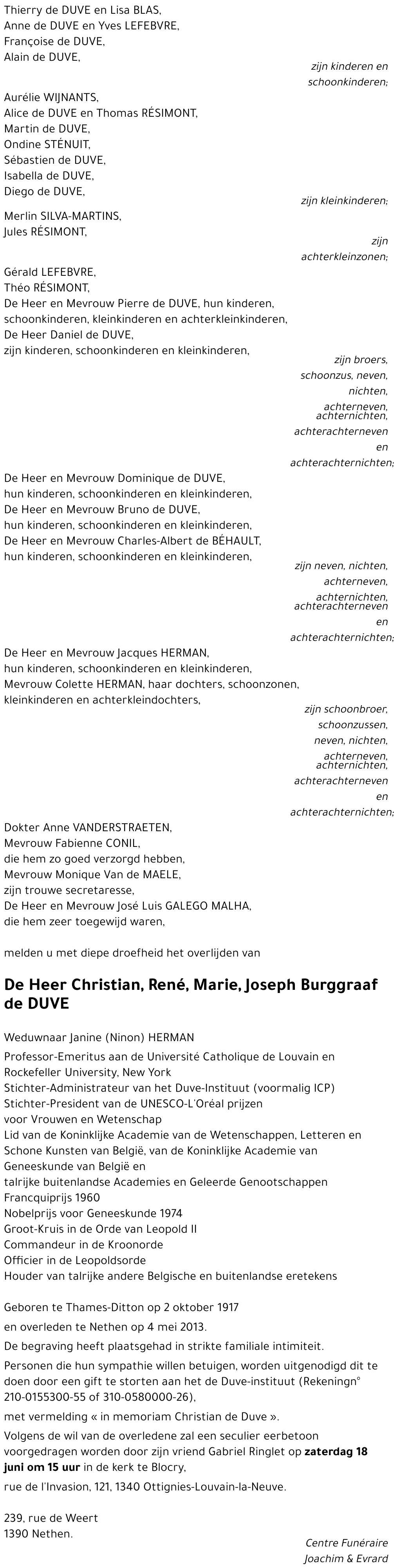 Christian, René, Marie, Joseph de DUVE