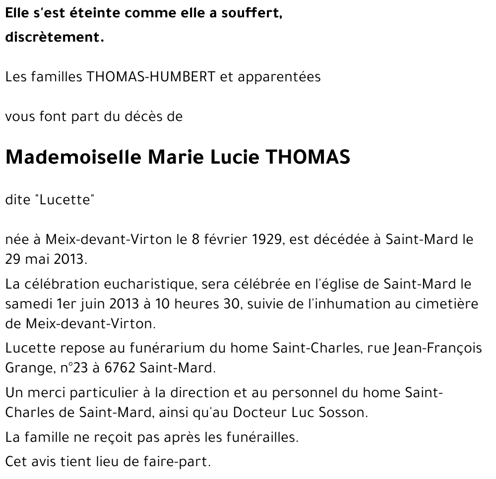 Marie Lucie THOMAS « Dite Lucette »