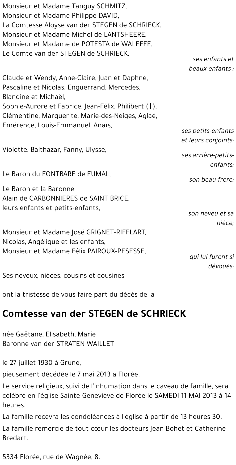 - van der STEGEN de SCHRIECK